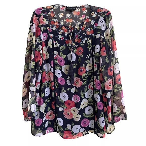 Lane Bryant Tops - Lane Bryant Tie Neck Dark Floral Blouse Shirt 20 Business Casual Office